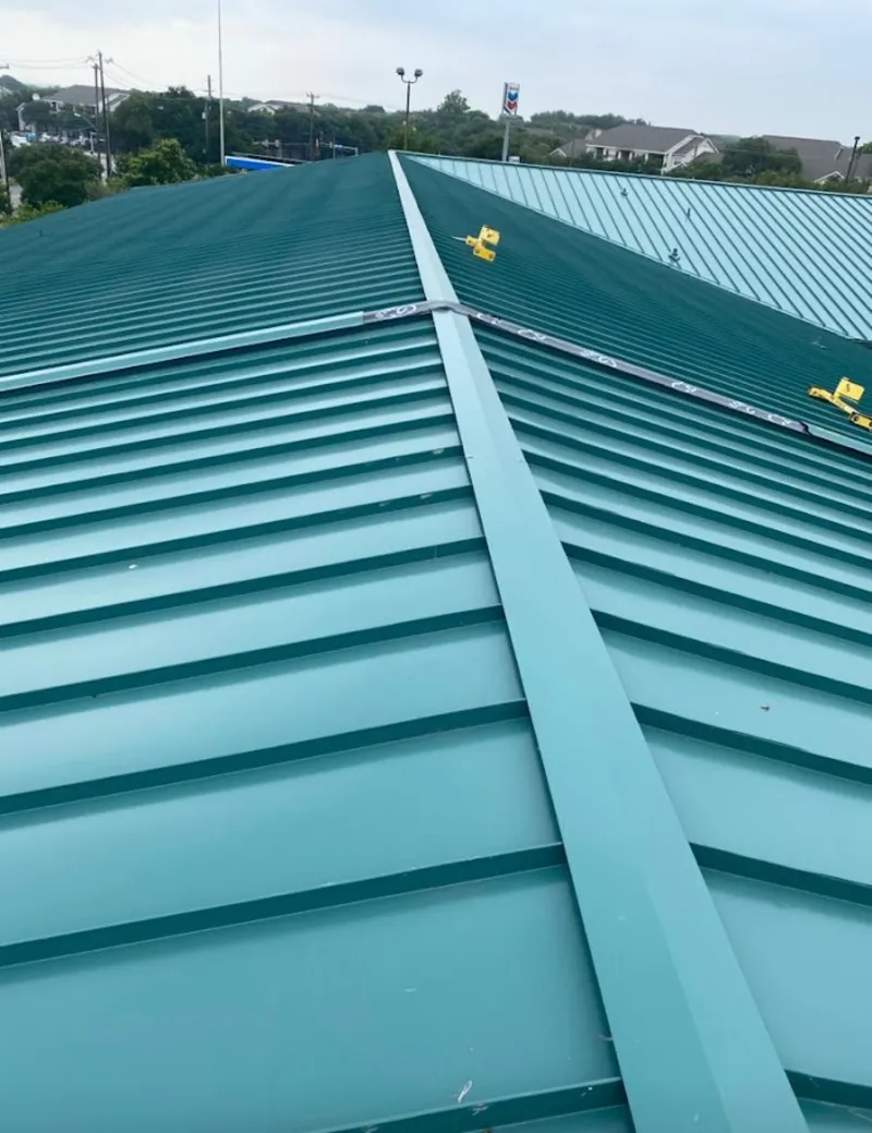 Green commercial metal roof ridge and valley for Metal Roof Repair in Elk Grove
